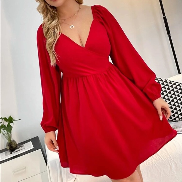 Rose red plus size bishop sleeve mini dress - Picture 2 of 15